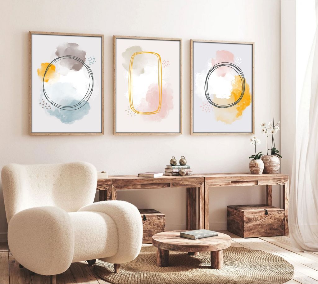Falikép szett, 3 db, alakzatok - színek, rózsaszín - kék - sárga, 50x70 cm - TRIO - Butopêa termék 2. képe
